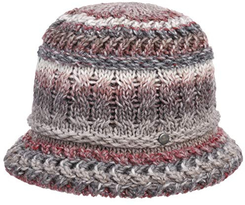 LIERYS Alesund Damen Glockenhut Schurwolle Wollhut Made in Germany Damen Herbst Winter Zopfstrickmuster grau-rot One Size