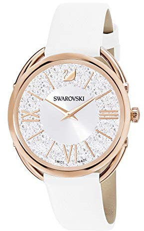 Swarovski Crystalline Glam Uhr, Damenuhr mit Rosé Vergoldetem, Funkelndem Zifferblatt mit Swarovski Kristallen und Weißem Lederarmband