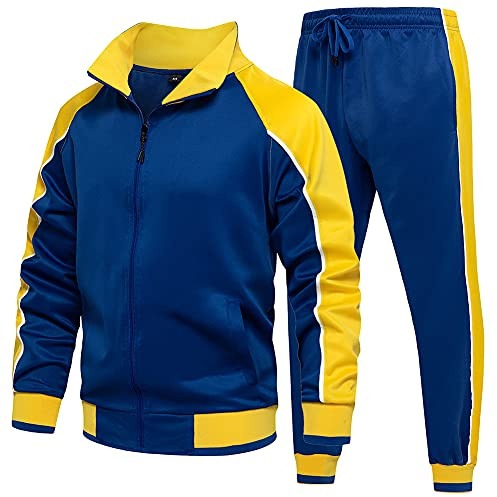 DUOFIER Men Tracksuit Set Full-Zip Sweatshirt Jogger Sweatpants Warm Sports Suit Gym Training Wear, 49Blue-XL