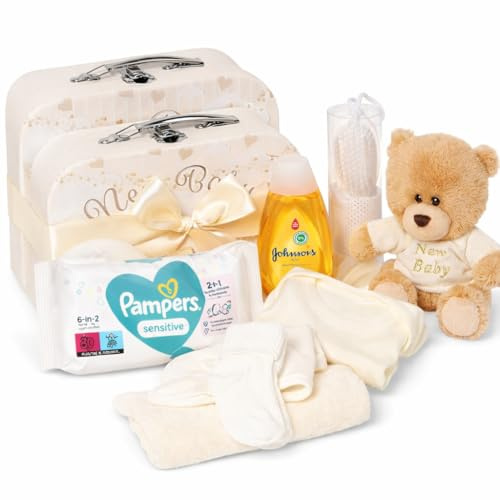 Regalo de Bebé Recién Nacido –- 2 x Cestas de Recién Nacido Crema Estilo Maletín con Osito, Cepillo, Esponja, Ropa y Otras Cosas de Bebé Esenciales – Cesta de Bebé para Baby Shower