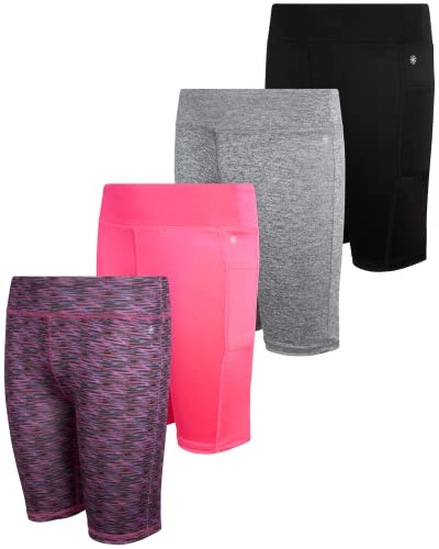dELiA*s Pantalones cortos de ciclismo para niña, paquete de 4 unidades, ropa deportiva atlética, cintura alta con bolsillos laterales (tallas: 7-16), Negro/teñido espacial/gris/fucsia, 14-16