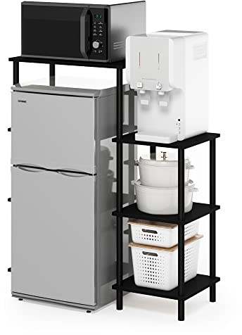 Furinno TURN-N-TUBE Coffee Bar, 4-Tier Bakers Rack with Mini Fridge Stand Shelf, Kitchen Shelves, for Pantry Organizers and Storage, Kitchen Organization, Americano