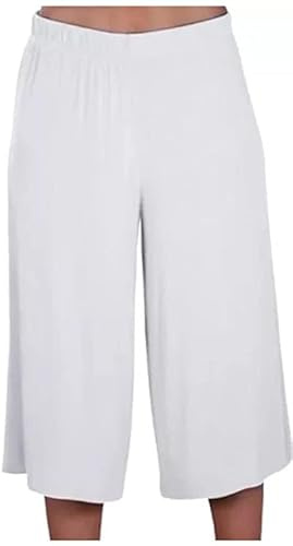 R&N FASHIONS Women's Plus Size 3/4 Cropped Culottes with Elastic Waist, Stretchy Viscose Palazzo Shorts, Mid Rise Lightweight Casual Summer Trousers for Ladies (16, White)
