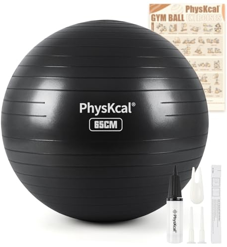 PhysKcal Gym Ball 65cm Black Exercise Swiss Ball for Fitness Yoga Pilates Pregnancy, Anti Burst Ball Chair for Balance, Stability, Quick Pump Included