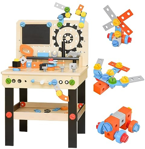 RELAX4LIFE Banco de trabajo para niños, banco de herramientas de madera con pizarra, 6 herramientas y 75 accesorios para juguetes, mini-trabajadores, niños 3+ años