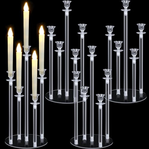 Layhit 4 set akryl kandelaber ljushållare 5 armar bröllopsbord bordsuppsats 46 cm hög akryl klar ljushållare med bas ljusstakar dekoration för fars dag examensfest, passar 0,87 tum LED