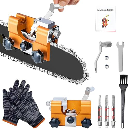Chainsaw Sharpener, with 3PCS Carbide Cutter Portable Chain Saw Sharpener, Hand Crank Chainsaw Chain Sharpening Jig Kits with Cleaning Brush