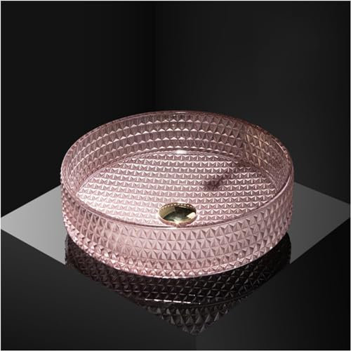 MegLob Lavello Da Bagno Da 15 Pollici, Lavandino in Vetro Di Lusso Leggero Da 39 Cm, Lavandini Artistici in Vetro Ondulato, Lavandino Per Bagno in Vetro A Forma Di Diamante Rosa Trasparente.,B