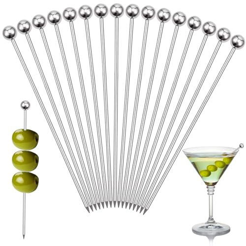32PCS Cocktail Picks, Reusable Stainless Steel Toothpicks Martini Olive Skewers, Upgrade Metal Drinks Skewers Garnish Sticks