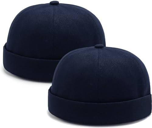 2 Pcs Mens Docker Cap Brimless Hat Skull Cap Worker Sailor Cap Rolled Cuff Retro Beanie Navy Blue