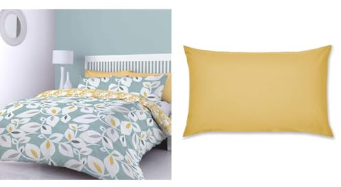 Catherine Lansfield Inga Leaf Reversible King Duvet Cover Set with Pillowcases Teal Green & Easy Iron Percale Standard Pillowcase Pair Ochre Yellow