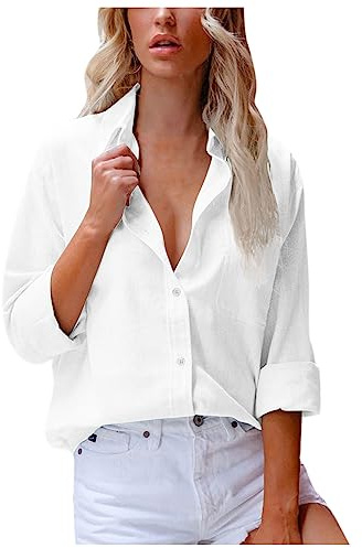 Womens Tops Button Down Cotton Linen Shirts Long Sleeve Blouse V Neck Elegant Tunic Business Casual Tops Summer Tops Sale Ladies Tops and Blouses Clearance