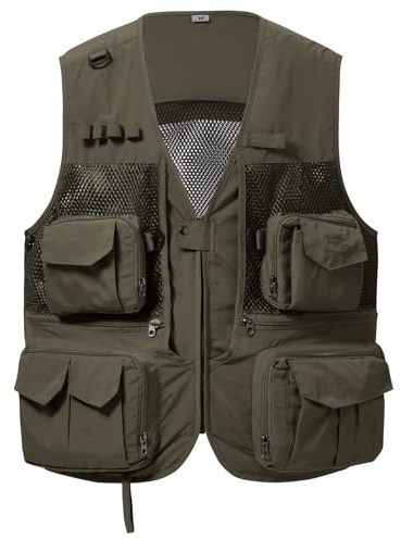 BASSDASH Gilet cargo da pesca da uomo e donna, per attività all'aperto, safari, fotografia, con tasche multiple sul retro in rete, FV14, Verde militare, Medium