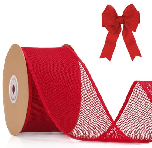 KINGLAKE Nastro di iuta con fil di ferro, 6,4 cm, 10 m, rosso, per realizzare fiocchi per ghirlande, nastro di iuta largo per Natale, confezioni regalo, decorazioni per matrimoni, San Valentino