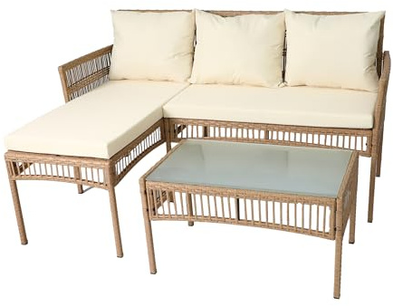Neo 3 Piece Natural Rattan Wicker Rope Corner L Shaped Sofa Cushions Garden Patio Furniture Set Coffee Table