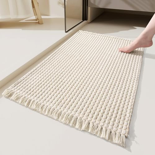 JIXINHEKEJI Tapis De Salle De Bain, Tapis De Bain Gaufré Ultra Doux, Lavable en Machine avec Pompons, Tapis D'entrée à Profil Bas Tissé à La Main(Size:16 X 24,Color:Beige)