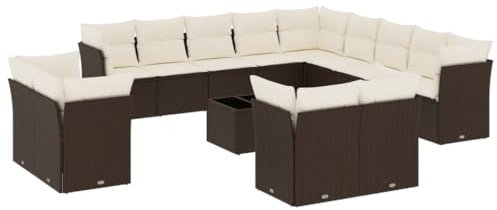 vidaXL Garten Sofa Garnitur 14-TLG., Gartenmöbel Set mit Kissen, Sitzgruppe für Garten Terrasse, Modular Gartensofa Lounge, Tisch mit Glasplatte, Braun Poly Rattan