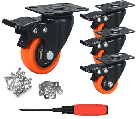 YIUBCZOQI 50mm Furniture Castors Heavy Duty Castor Wheels with Brakes, Double Bearing PU Trolley Wheels Rubber Swivel Castor, 4 Industrial Plate Casters Capacity 200KG