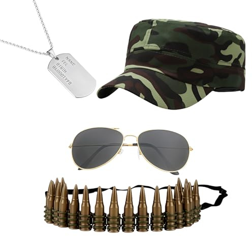 GWAWG 4 Pièces Costume Militaire Adulte, Ensemble Accessoires Déguisement, Casquette, Ceinture de Balles, Lunettes de Soleil et Collier Dog Tag, Tenue Halloween, Cosplay, Fête à Thème et Jeu de Rôle