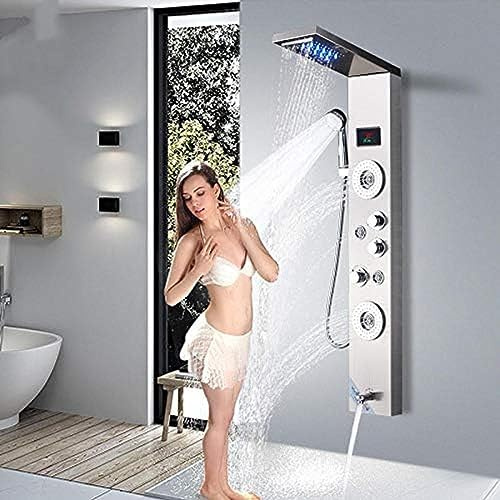 Quyanre Black Nickel LED Shower Panel Waterfall Rainfall Shower with LCD Digital Display Massage Jets Tub Spout Shower Column-Brushed Nickel,Brushed Nickel