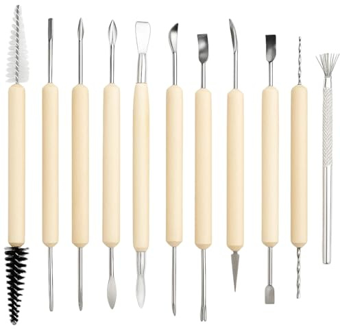 11 Pcs Air Dry Clay Tools, Polymer Clay Sculpting Tools for Beginners and Professionals, Wooden and Stainless Steel Carving Tools for Pottery, Ceramics, DIY Crafting and Nail Art