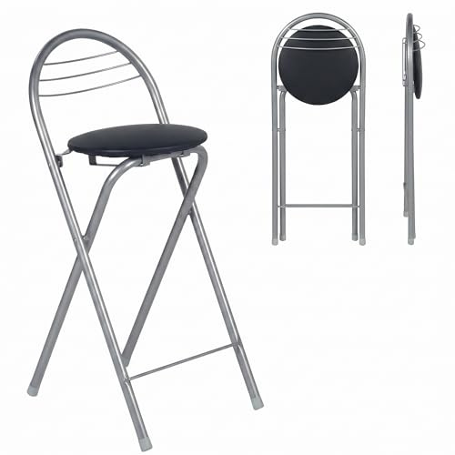 2 Taburete Alto Plegable Bar Respaldo, Negra Piel&Plata Alt. Asiento 61CM | Silla Alta Plegable con Respaldo Banqueta y Silla Plegable de Madera para Interior Exterior en Cocinas Bares Bistrós Camping