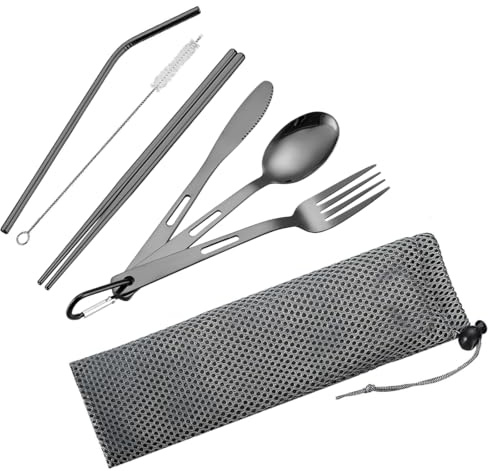 YAZWUR Cubertería de viaje para camping, 8 piezas, acero inoxidable, con funda para cubiertos, ideal para acampada, estuche para cubiertos, cubertería portátil, juego de ropa de camping (negro)