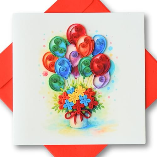 Colorful Balloons & Flower Bouquet Quilling Card – Handmade Greeting Card with 3D Paper Art | Unique Design for Birthday, Congratulations, Graduation, Celebration, Friends & Family