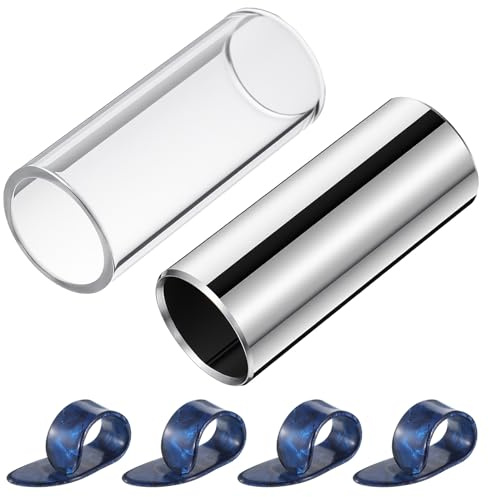 Guitar Slides Set of 1 Glass Slide 1 Steel Slide and 4 Finger Picks Slides Guitar for Electric and Acoustic