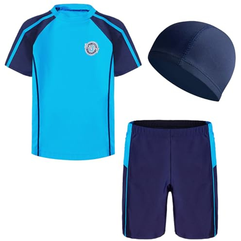 ZXTGBQ 3 Piezas Bañadores Niño, Traje de Baño para Niños Grandes y Camiseta de Manga Corta con y Gorro de Baño, 10 a 12 Años