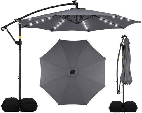 COSTWAY 2.9M/3M Garden Cantilever Parasol, Outdoor Offset Banana Hanging Umbrella with LED Lights, Crank Handle and 360° Rotation, Water-proof Sun Shade Canopy (3M, Gray, with 32 Lights)