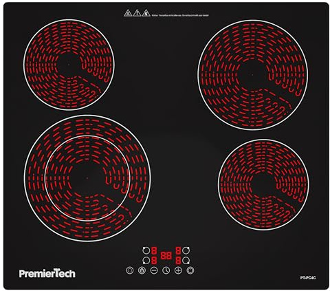 PremierTech Piano Cottura Incasso Vetroceramica Nero, 4 Zone 60cm, Display Led, Touch Control, Timer, Blocco Sicurezza, Regolazione Livelli, PT-PC4C