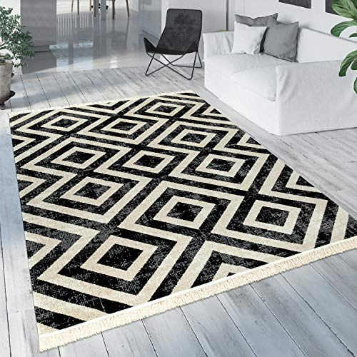 Paco Home Moderner Outdoor Teppich Geometrisches Rauten-Muster im Vintage-Look Flachgewebe Wetterfest & Pflegeleicht für Garten, Terrasse & Balkon, Schwarz Weiß, Grösse:Ø 200 cm Rund