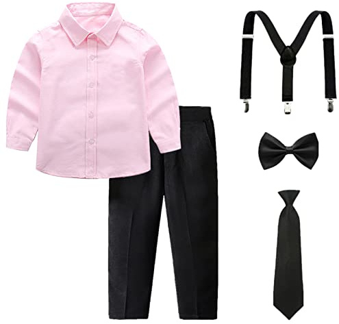 amropi Traje de Bautizo Niños Conjuntos de Camisa de Manga Larga y Pajarita y Pantalones y Tirantes Rosa Negro, 1-2 años