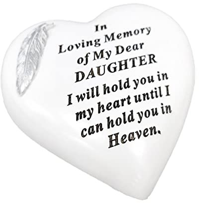 Placas conmemorativas con forma de corazón de piedra conmemorativa, decoración de tumbas personalizada, placas blancas y plateadas, con plumas, placas conmemorativas al aire libre, 15 x 15 cm (hija)