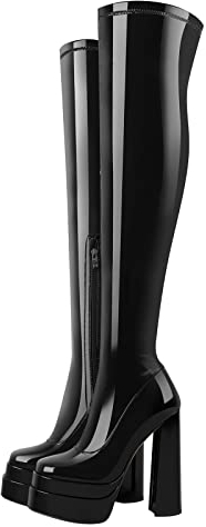 Only maker Damen Plateau Stiefel Overknee Stretch Boots mit Blockabsatz Seitlicher Reißverschluss Lack Schwarz 43 EU
