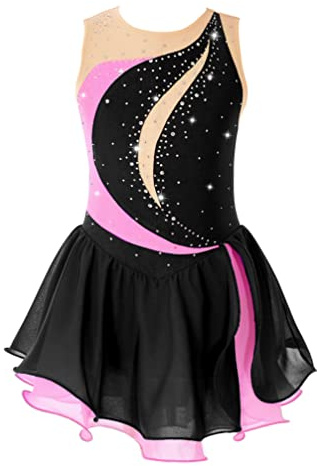 TiaoBug Maillot de Patinaje Artístico para Niñas Competición Vestido Lentejuelas de Baile Leotardo con Falda Tul Body Ballet Disfraz de Baile Actuación G Negro 9-10 años