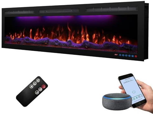 Mystflame Crystal 60 Pro - Cheminée Électrique Murale avec Wi-FI, 152 cm, 3 Couleurs de Bois et Flammes, Thermostat 750/1500W, Chauffage Confortable, Écran Tactile, Minuterie