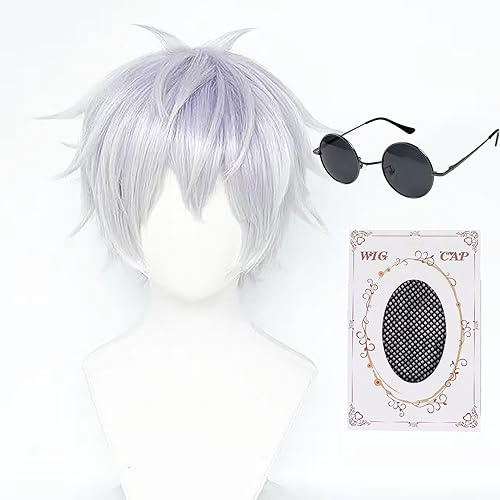 Parrucca per cosplay di Gojo, con occhiali neri, parrucca corta bianca per anime, capelli argentati, per feste in costume, con cappuccio, per cosplay, spettacoli e Halloween