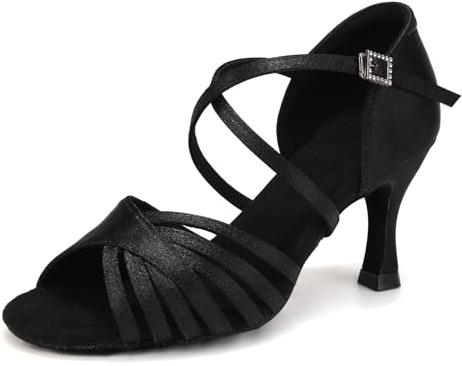 Uonpie Chaussures de Danse Latine Femme Bout Ouvert Satin Chaussures de Danse de Salon Tango Salsa Bachata Noir, 38 EU