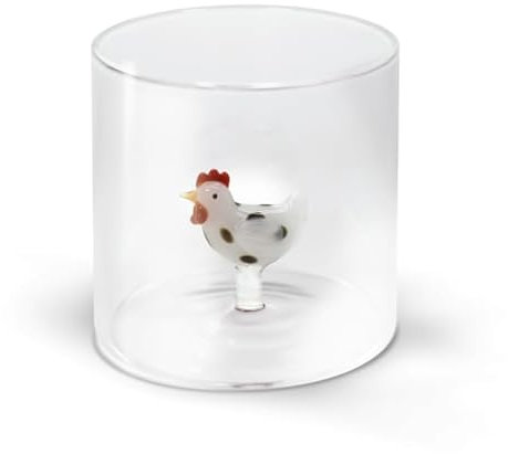WD Lifestyle - Bicchiere in Vetro Borosilicato 250ml con Soggetto in Vetro Colorato Interno (Gallina Bianca)