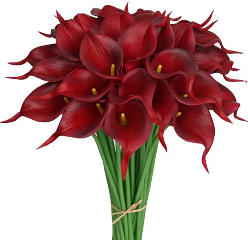 Alifst 30Pack Real Touch PU Latex Artificial Calla Lily Flowers for Wedding Party and Home Decor-Burgundy