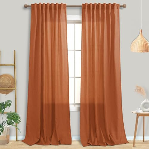 Boho Curtains - Burnt Orange 96 Inch Long 2 Panel Set, Fall Bohemian Farmhouse MCM Mid Century Modern Sheer Linen Eclectic Curtains for Sliding Door Dining Room, Dark Orange