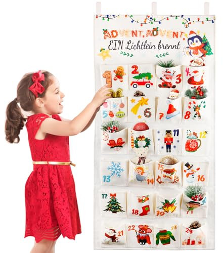 HGRGHH Calendario de Adviento Tela, 2025 Calendario Adviento para Rellenar, Reutilizable Navidad Advent Calendar con 24 Bolsillos, Navideña Colgante para Cuenta Atrás y Decoraciób de Adviento