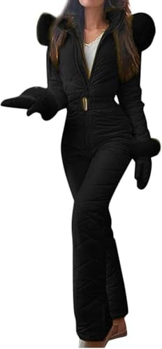 Goolecrimp Traje de esquí para Mujer Traje de Nieve para Mujer Mono Moda Delgado Traje de esquí a Prueba de Viento Deportes al Aire Libre con Collar de Pelo Traje de esquí con Guantes (Negro,XL)