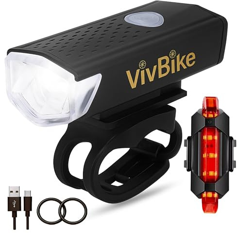 VivBike Rechargeable Bicycle Lights Set for Daily Use, LED Front Light and Rear Light, USB Mini Rechargeable, IPX4 Waterproof, Easy Mount | A HerTime2 Brand