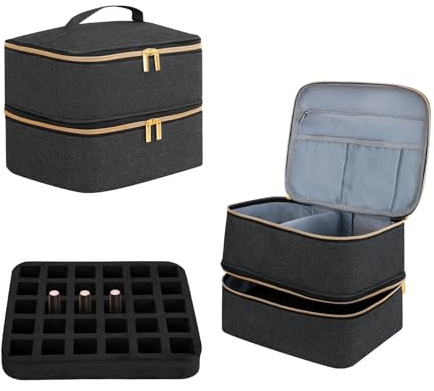 Nagellack-Organizer-Tasche, Doppelschicht Nagellack Tasche Make-up-Etui Kosmetiktasche Kosmetik-Aufbewahrungstasche für Nagellackflaschen, Nagellampen, Werkzeuge, Nagelzubehör (Schwarz, M)