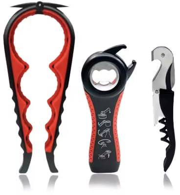 5-in-1 Bottle Opener, Arthritis-Friendly Kitchen Tool with Easy Grip Handle, Jar Opener, Wine Opener, Can Opener, Red