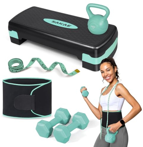 Adjustable Exercise Stepper Kit with Dumbbells & Kettlebell & Weightlifting Belt & Measuring Tape, 2 Level Risers Aerobics Step Platform for Home Gym Exercise Fitness Workout, Green Black