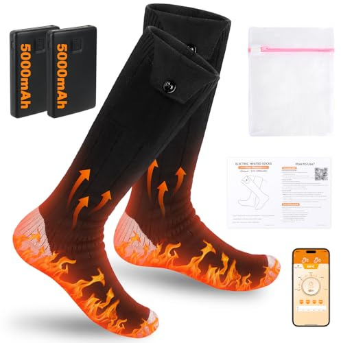 LYPPUL Calze Riscaldate a Batteria, 5000mAh* 2 Calzini Riscaldati con controllo APP, Calzini Riscaldanti 4 Livelli di Temperatura, Calze Riscaldanti per Sci, Ciclismo, Pesca, Campeggio, Escursionismo